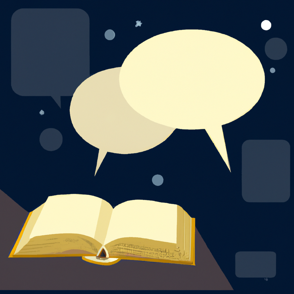 Illustration of open book with dialogue bubbles symbolizing story interviews